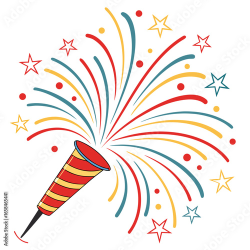 A festive party popper explodes with colorful streamers and stars against a white background