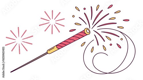 A festive sparkler ignites with a burst of colorful sparks and swirling lines against a white background