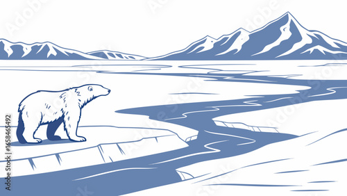 A solitary polar bear stands on an ice floe overlooking a winding river with snow capped mountains in the distance