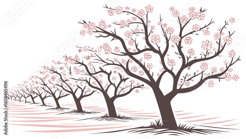 A row of stylized cherry blossom trees with delicate pink flowers and brown branches against a white background