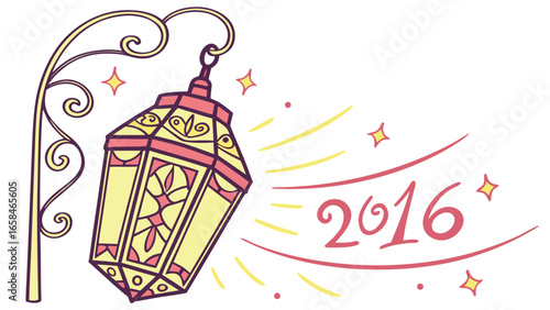 Decorative vintage lantern with glowing light and the year 2016 written in festive script