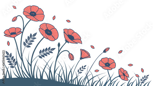 Delicate illustration of coral red poppies blooming in a field with green grass and falling petals