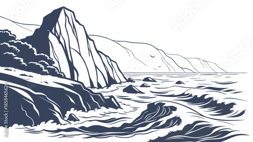 Dramatic coastal landscape with crashing waves against rugged cliffs and distant rolling hills