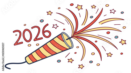 Happy new year 2026 celebration with exploding party popper and colorful confetti stars