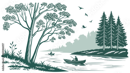 Serene lake landscape with people canoeing past trees and birds flying overhead