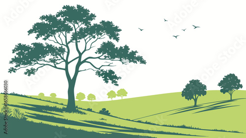 Serene landscape with a large tree rolling green hills and birds flying in the sky
