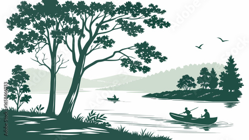 Serene lake landscape with silhouetted trees and people rowing boats under a white sky