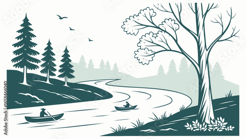 Serene river landscape with two people rowing boats past pine trees and a large deciduous tree
