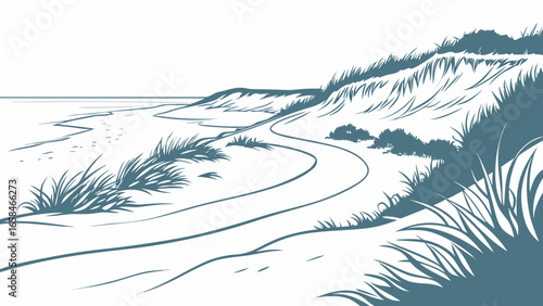 Stylized illustration of a winding path through grassy sand dunes leading to the ocean horizon