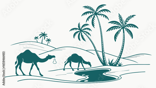 Two camels drinking water from a desert oasis surrounded by palm trees and sand dunes