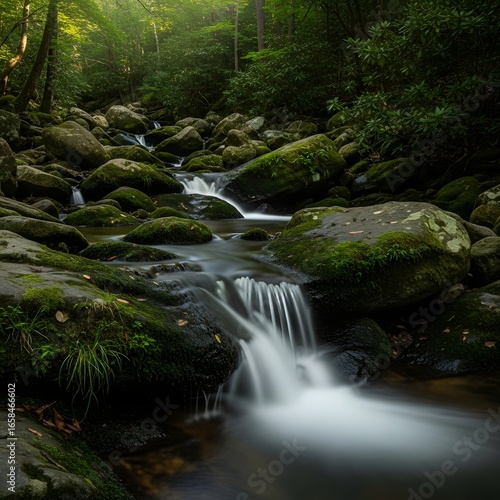 Smooth water flowing over moss-covered rock in a shaded forest stream; motion blur softens texture.