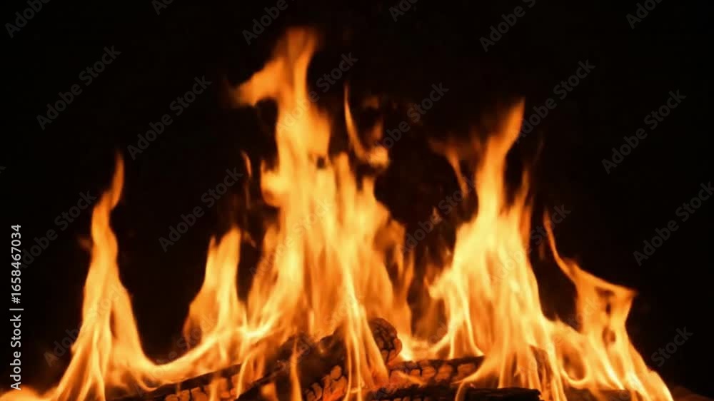 Blazing fire consumes wood logs in a dark setting Blazing fire consumes wood logs in a dark setting