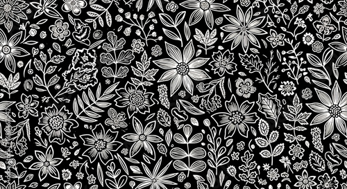 Seamless black and white floral pattern with hand-drawn flowers, leaves, and vines, perfect for textile prints, wallpaper, packaging design, and elegant decorative backgrounds
