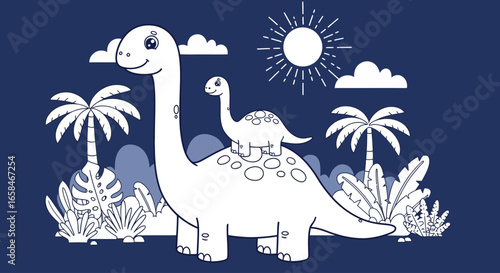 Adorable illustration of a gentle giant dinosaur carrying a baby dinosaur on its back set against a prehistoric landscape with palm trees and clouds under a bright sun perfect for children's books and