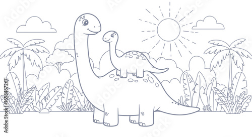 Charming illustration of a mother dinosaur with her baby dinosaur on her back enjoying a sunny day in a prehistoric jungle filled with palm trees and lush foliage creating a delightful coloring page f