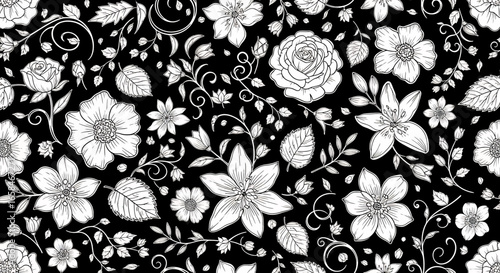 Seamless black and white floral pattern with hand-drawn flowers, leaves, and vines, perfect for textile prints, wallpaper, packaging design, and elegant decorative backgrounds