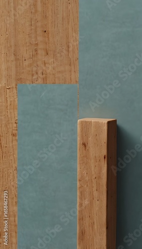 Minimal single wooden block standing upright placed against calm abstract background creating rustic natural composition