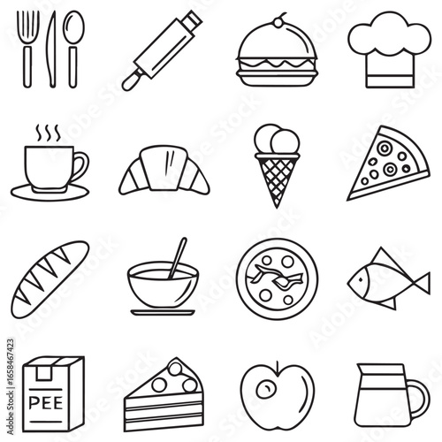 Collection of hand drawn food and kitchen utensil icons in a simple doodle style on a white background