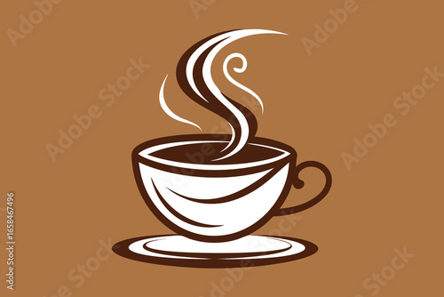 Stylish illustration of a steaming coffee cup on a saucer with brown and white color accents