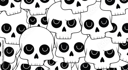 Seamless monochrome skull pattern in bold line art style, perfect for Halloween, tattoo design, gothic fashion, horror backgrounds, dark art prints, and alternative decor projects