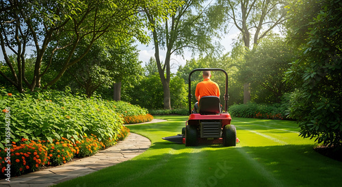 Gardener operating a riding lawn mower on a sunny day in a lush green garden