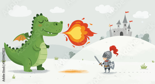 A brave young knight faces a friendly green dragon breathing fire near a majestic castle on a bright sunny day in a whimsical fantasy land