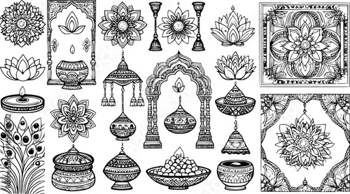 Elegant Diwali background with traditional mandala patterns, diya lamps, lotus, and rangoli ornaments in black and white line art