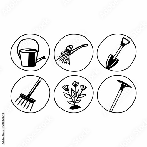 Gardening tools icon set with bucket, watering can, shovel, rake, plant, and hoe isolated on white background