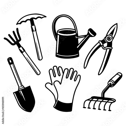 Gardening tools like rake, shovel, watering can, glove, pruner isolated on white background