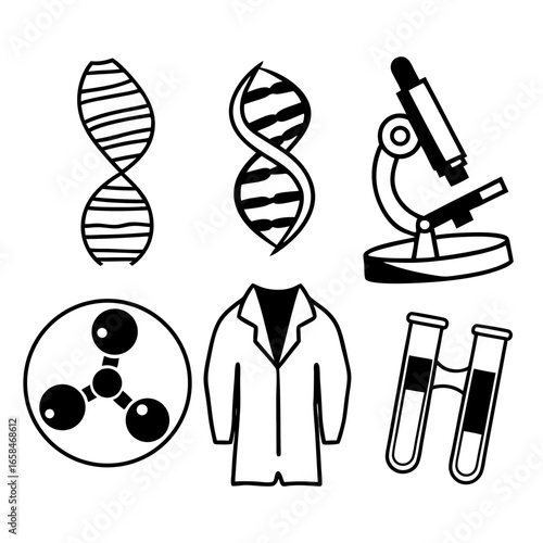 Illustration of dna, microscope, molecule, lab coat, and test tubes isolated on white background