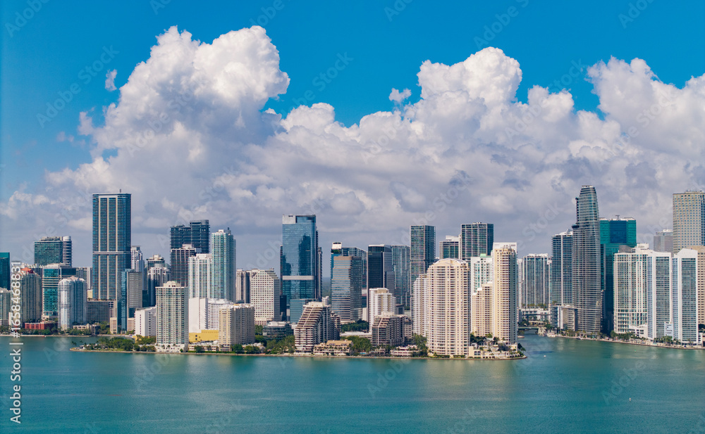 Fototapeta premium Aerial view of Brickell skyline in downtown Miami. Skyscrapers above Miami. Scenic panorama of Brickell financial district. Brickell in Miami city. Brickell Urban landscape with buildings cityscape.