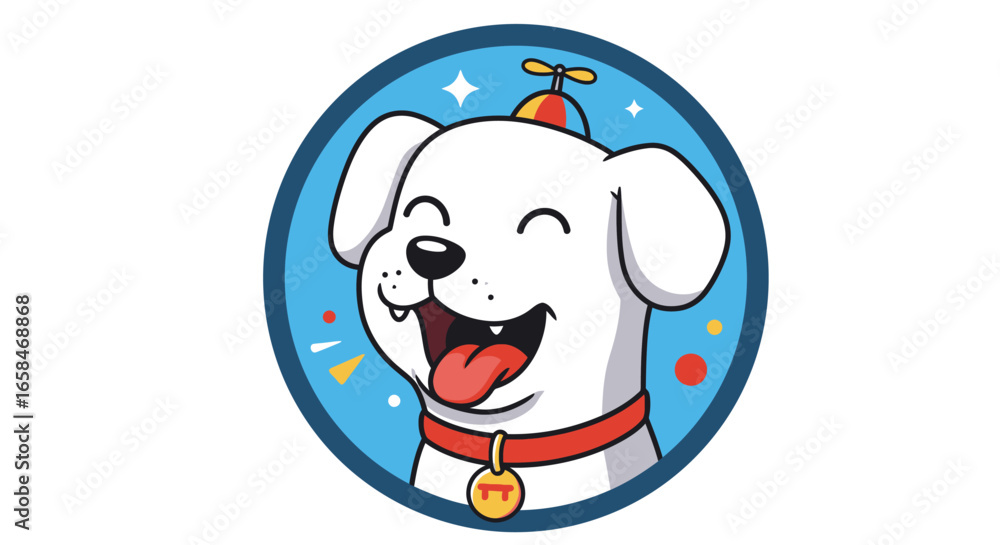 Naklejka premium Joyful White Dog with a Funny Hat Wearing a Red Collar with a Gold Tag and Sparkles and Confetti Around its Head in a Circle Emblem
