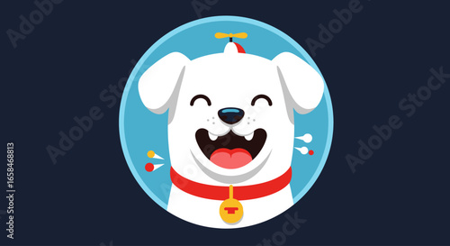 Adorably Happy White Dog Wearing a Fun Propeller Hat and Red Collar Exudes Pure Joy with a Big Smile and Tongue Out