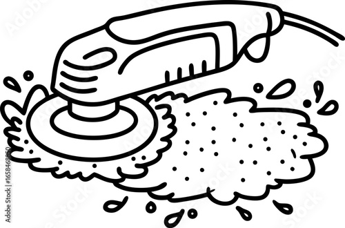 Electric car polisher cleaning surface, tool with rotating pad automobile detailing, maintenance, hand drawn illustration