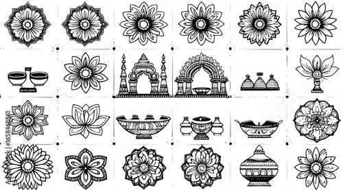 Traditional Diwali elements set featuring mandala patterns, lotus flowers, diya lamps, kalash pots, peacock feathers, and rangoli designs in elegant black and white line art