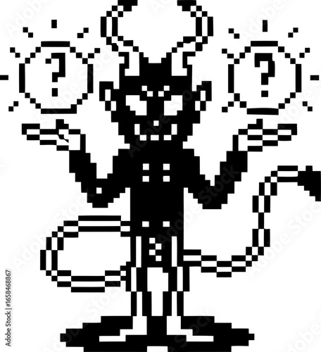 Pixel art devil character with horns, tail, and question marks retro black and white digital illustration, mischievous expression