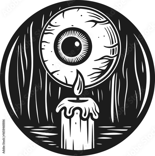 Surreal eyeball above burning candle in dark forest mysterious mystical illustration, eerie scene, gothic horror fantasy art
