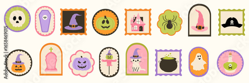 Halloween vintage sticker set. Spooky post stamp collection. Retro Halloween vector designs. Autumn holiday illustrations. Hand drawn Halloween elements for print.