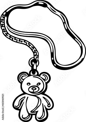 plush bear keychain outline cute small bear accessory with ring, minimal black and white line art for simple decoration