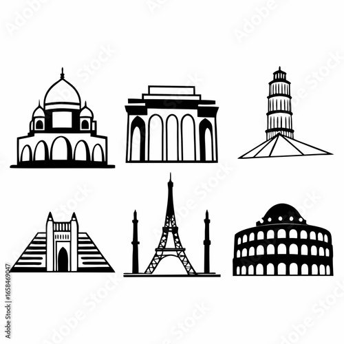 World landmarks silhouette icons of famous architectural buildings isolated on white background