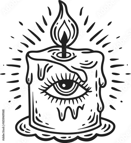 Melting candle with open eye illustration surreal mystical wax sculpture, vintage occult magical ritual design