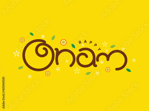 Happy Onam written in English Malayam typography style on a beautiful yellow theme with flowers around in Kerala traditional onam festival theme.