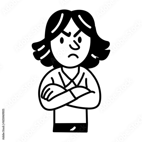 A character standing with crossed arms, hand drawn icon 

