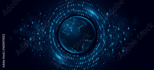 Digital planet Earth with circular swirling glowing binary code on a dark blue background. Global network visualization symbolizing data transfer, programming and virtual communication. Vector.