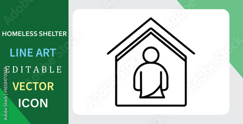 A simple line art icon of a person inside a house. Concept for a homeless shelter, housing aid, and support. Editable vector.
