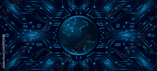 Digital Earth globe connected with glowing circuit board and electronic elements. Futuristic high tech innovation background symbolizing data science and global virtual communication. Vector.