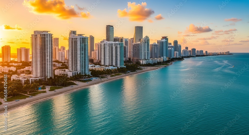 Naklejka premium City Skyline at Golden Hour Coastal Urban Landscape with Aqua Sea