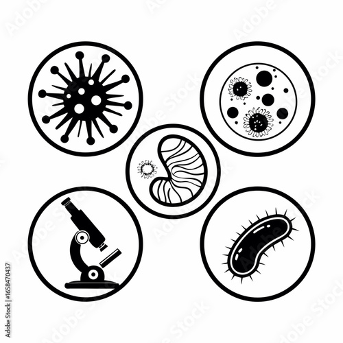 Illustration of virus, cell, seed, microscope, and bacteria isolated on white background