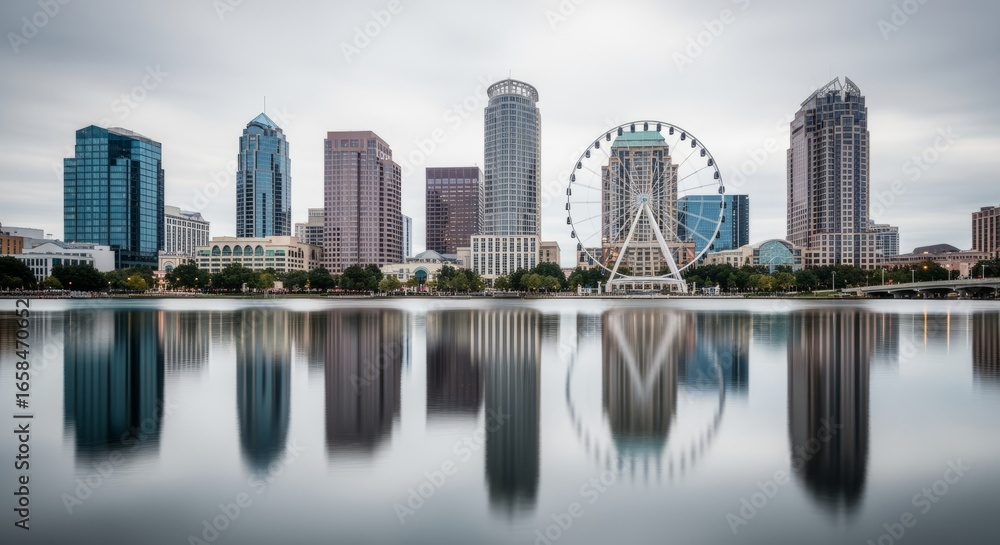Naklejka premium City Skyline Reflecting on Calm Water with Ferris Wheel Under Cloudy Sky