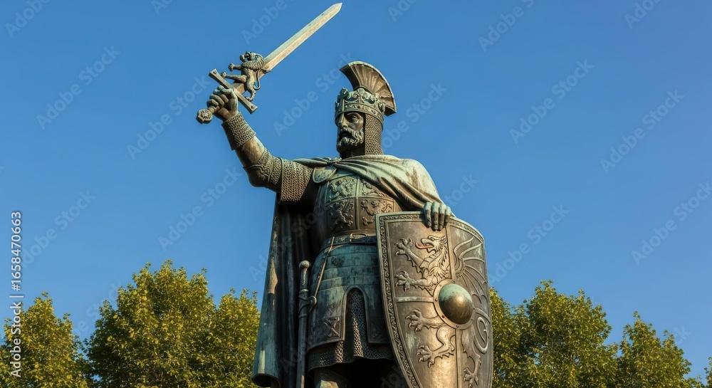 Naklejka premium Majestic bronze statue of a medieval warrior holding a sword aloft against a clear blue sky